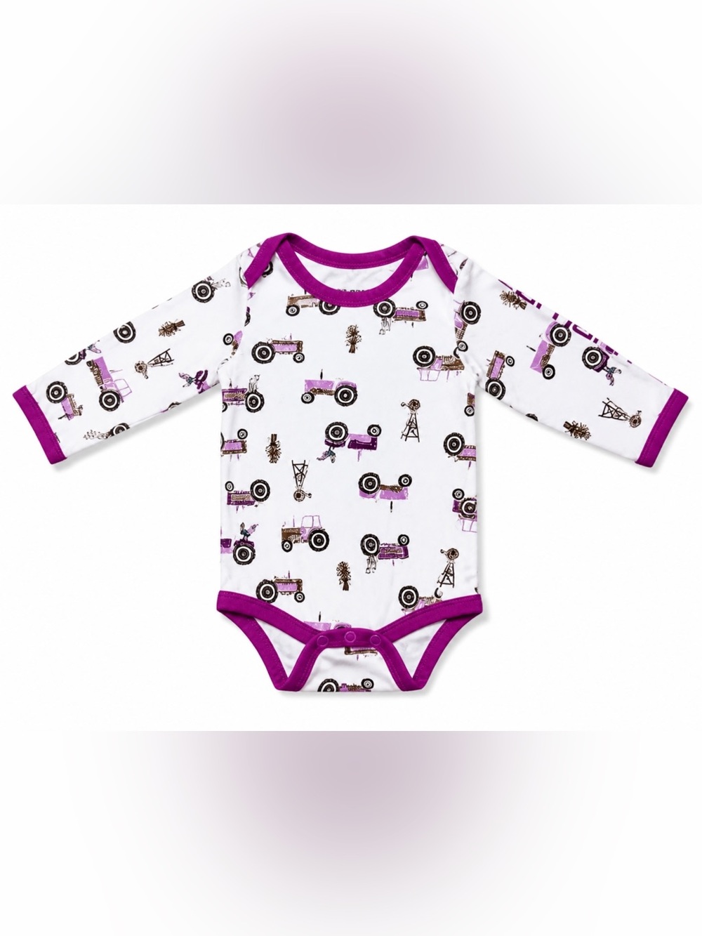 Carhartt Baby Girl White One-Piece with Purple Trim and Tractor Print 3M